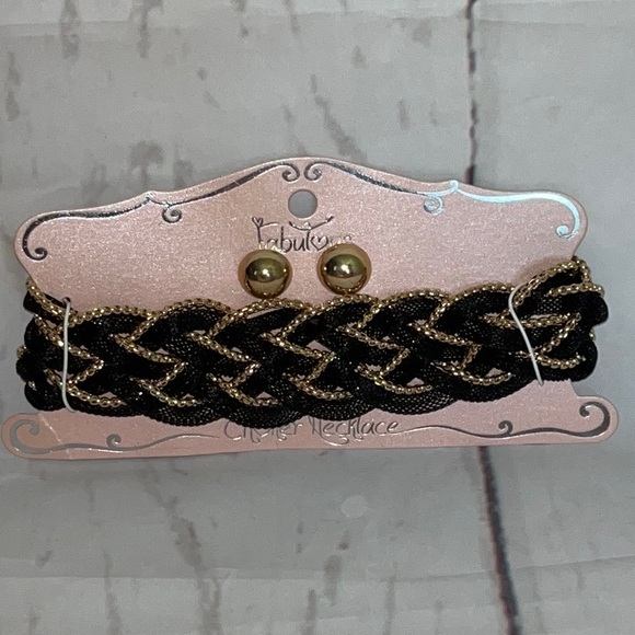 Mika Heavy Braided Metal Mesh Choker Necklace Set Black Gold - Picture 1 of 6